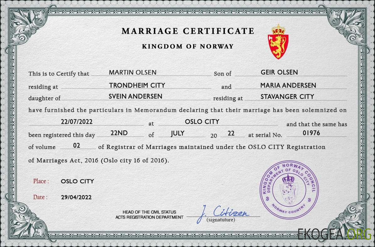 Modèle PSD de certificat de mariage en Norvège
